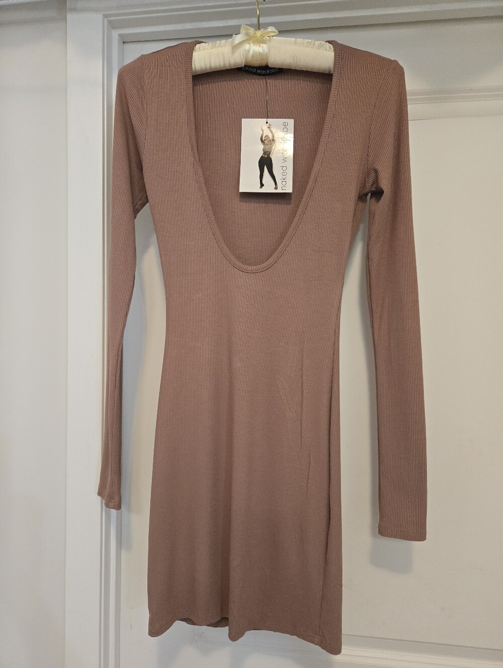 NAKED WARDROBE Loss Angeles Long Sleeve Mini Dress in Mauve Taupe Size S Rayon